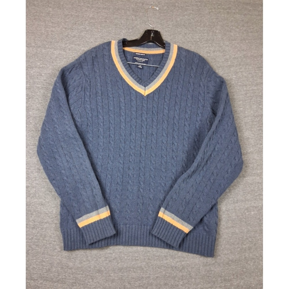 American Eagle Mens Sweater Medium Blue Cable Knit V Neck Dark Academia Preppy